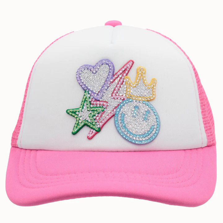 Happy Neon Rhinestone Trucker Hat-Pink