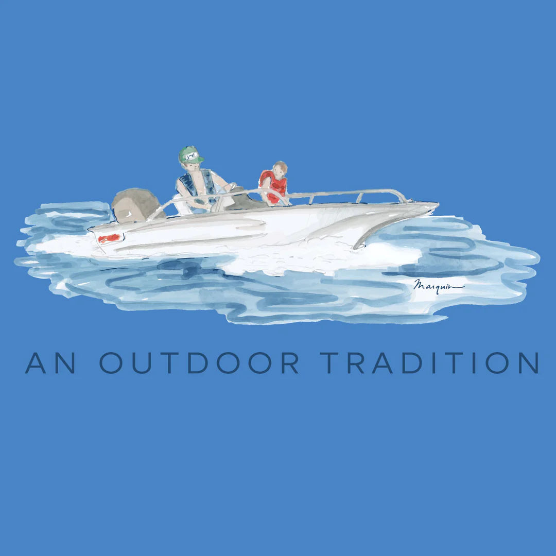 KIDS PRO PERFORMANCE SHORT SLEEVE FISHING T-SHIRT IN MARINA BLUE WITH FATHER SON FISHING BOAT
