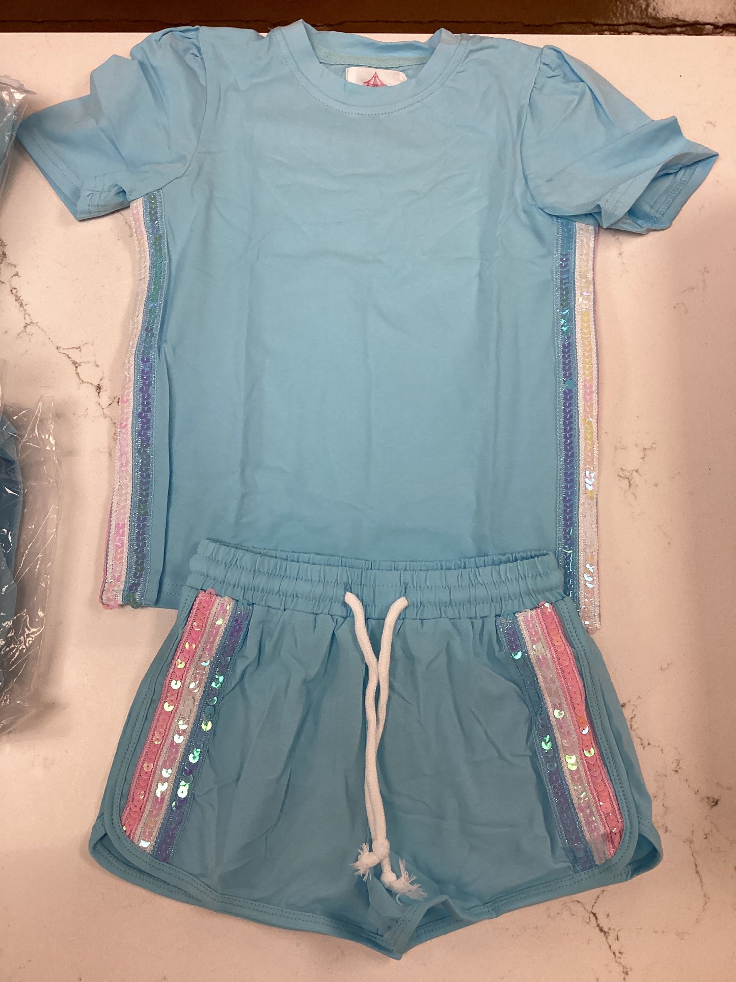 Blue Sequin Striped Short Set