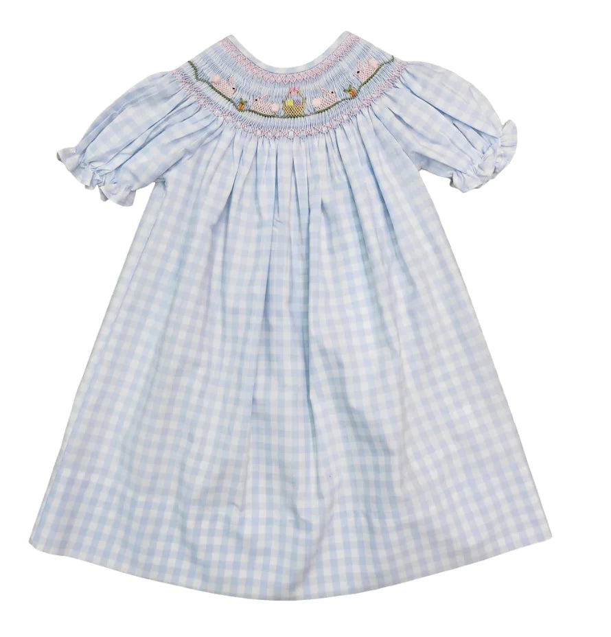 Blue Gingham Bunny & Basket Smocked Dress