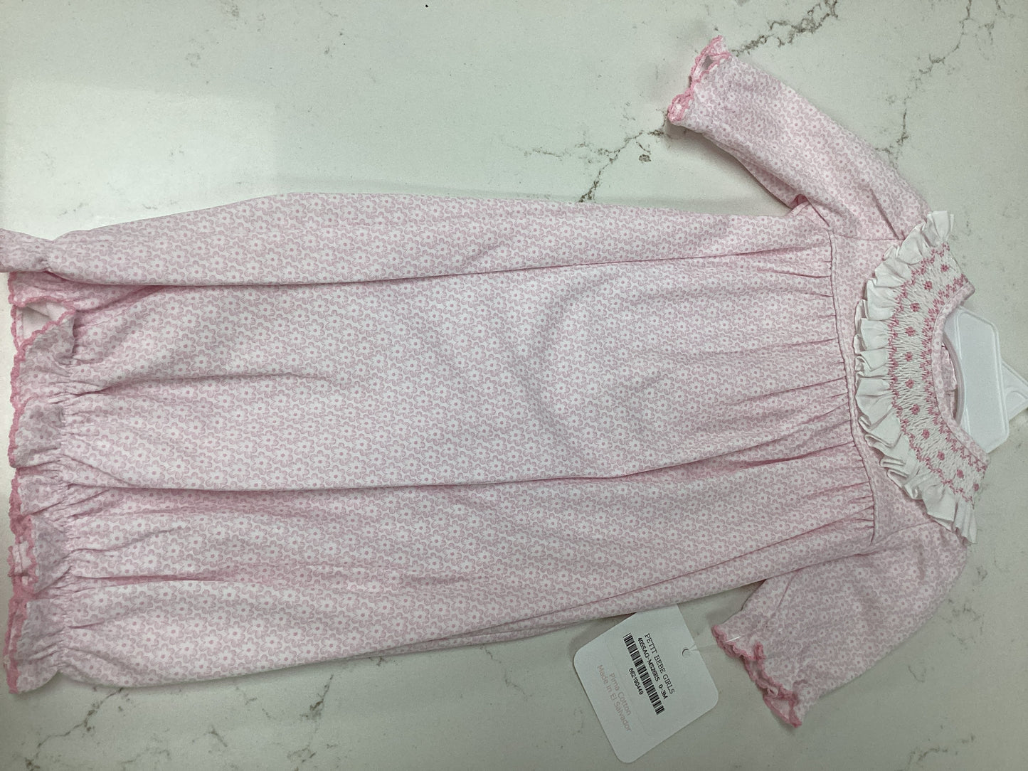 Petit Bebe Pink Flower Gown Smocked Collar 0-3m