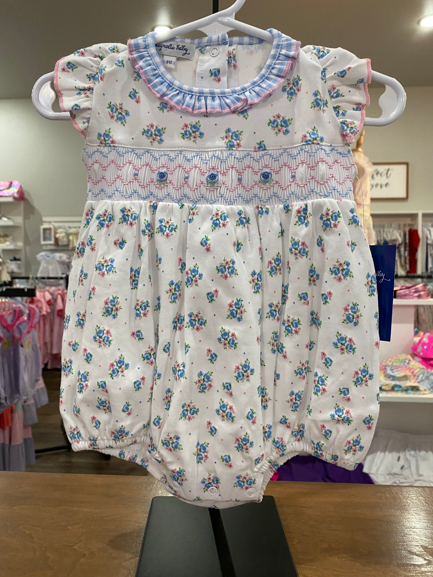 MB blue floral smocked bubble