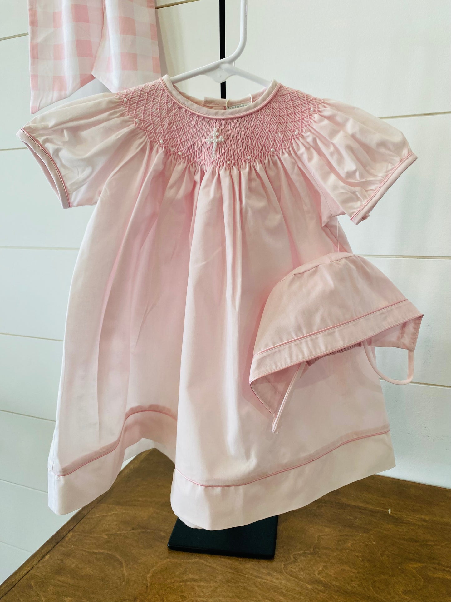 Hand Smocked Pearl Cross Bishop Dress with Bonnet