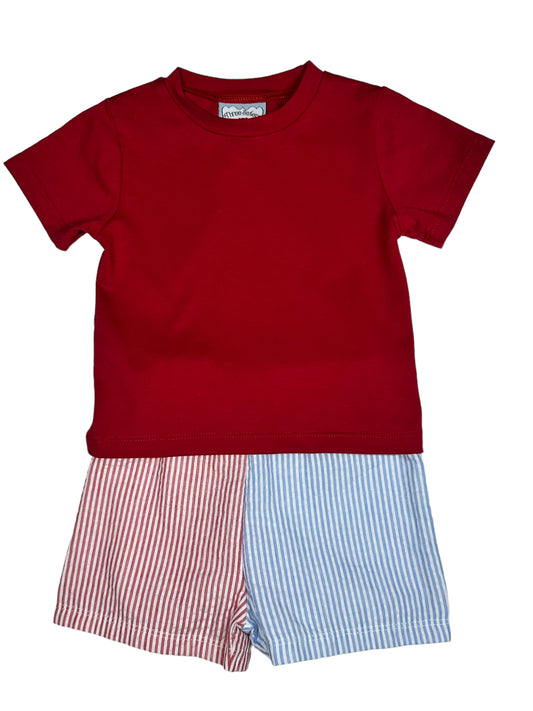 TS Red Shirt w/redbluewhite seersucker shorts