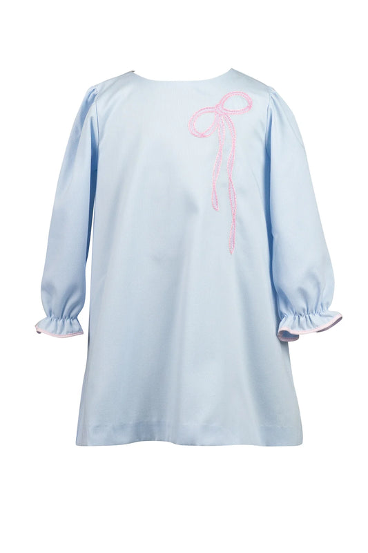 Proper Peony Girls Blue Brooklyn Bow Dress - Pink Bow