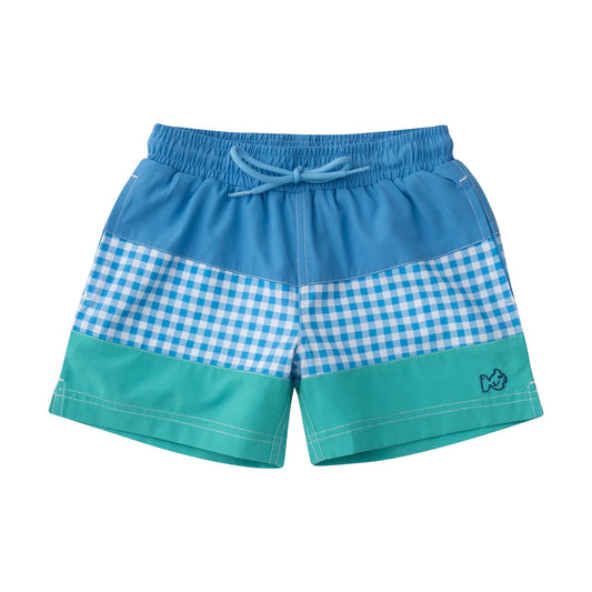 BOYS' BOOGIE BOARD SWIM TRUNK IN MARINA BLUE GINGHAM AND ATLANTIS GREEN COLORBLOCK
