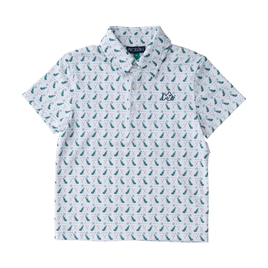 BOYS SHORT SLEEVE PRO PERFORMANCE POLO IN GOLF PRINT ON WHITE