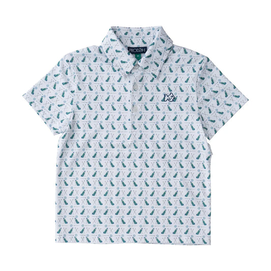 BOYS SHORT SLEEVE PRO PERFORMANCE POLO IN GOLF PRINT ON WHITE