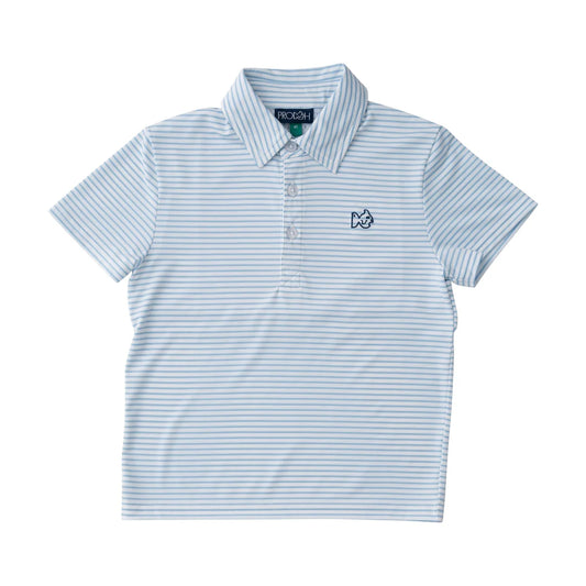BOYS SHORT SLEEVE PRO PERFORMANCE POLO IN CLASSIC CLEAR SKY BLUE AND WHITE STRIPE