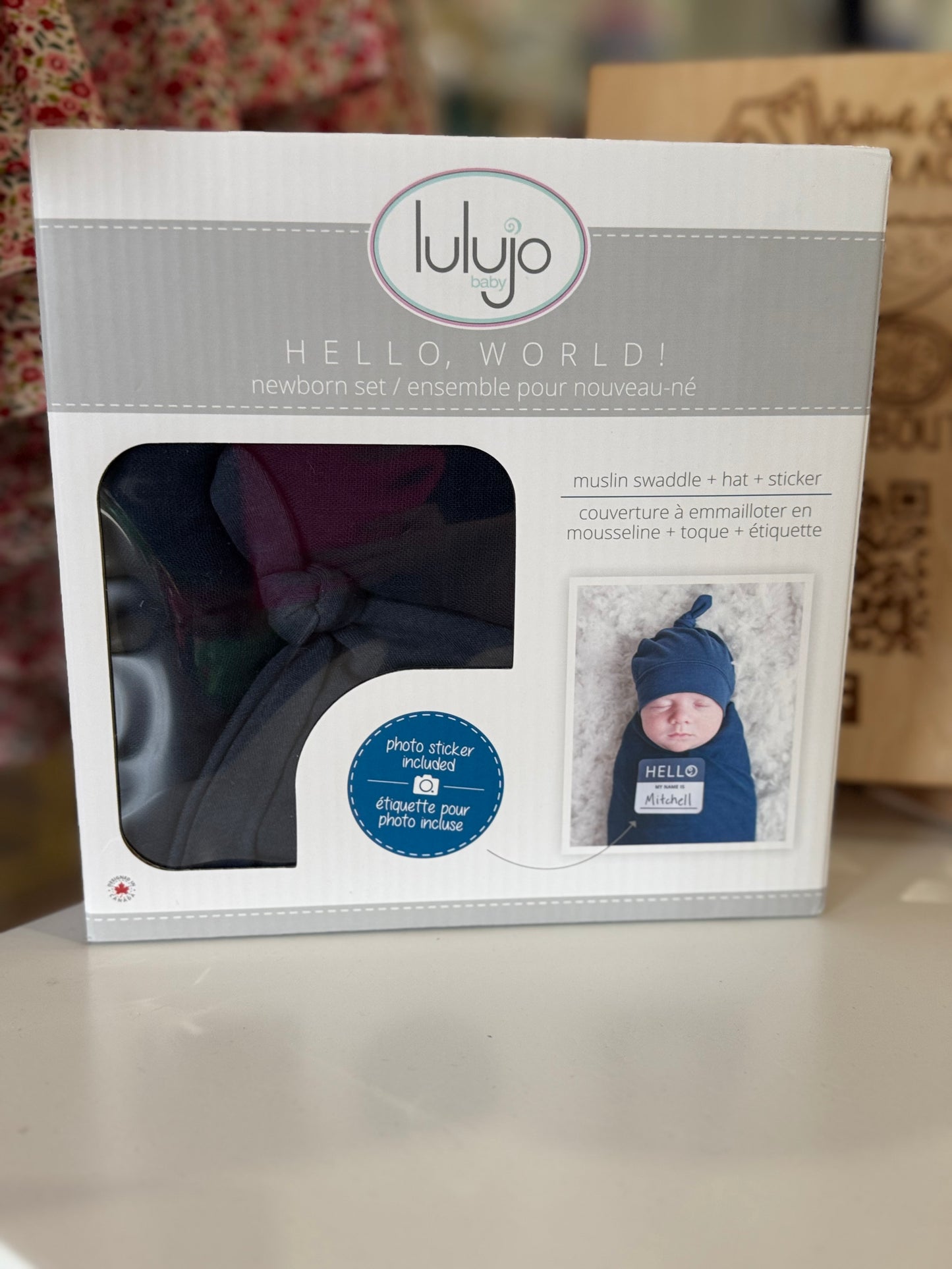 Navy Hello World Swaddle/Hat/Sticker