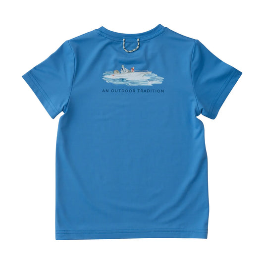 KIDS PRO PERFORMANCE SHORT SLEEVE FISHING T-SHIRT IN MARINA BLUE WITH FATHER SON FISHING BOAT