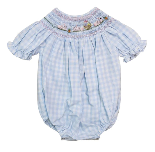 Blue Gingham Bunny & Basket Smocked Bubble