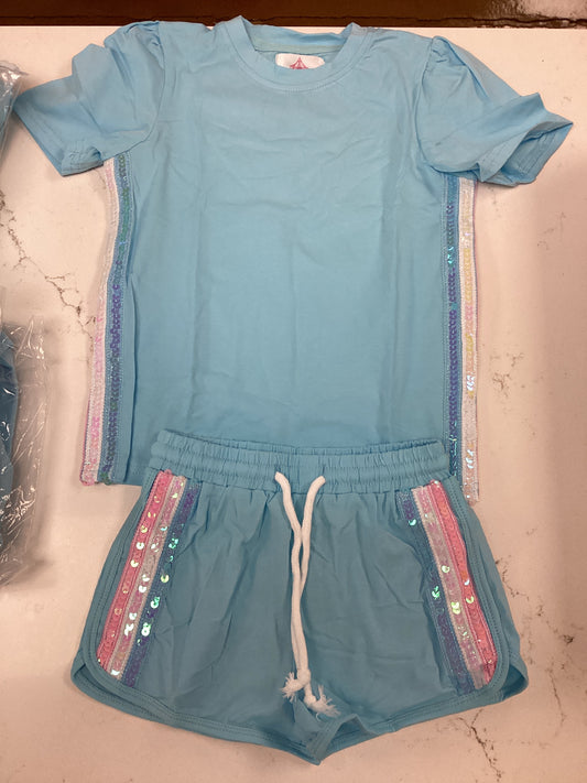 Blue Sequin Striped Short Set