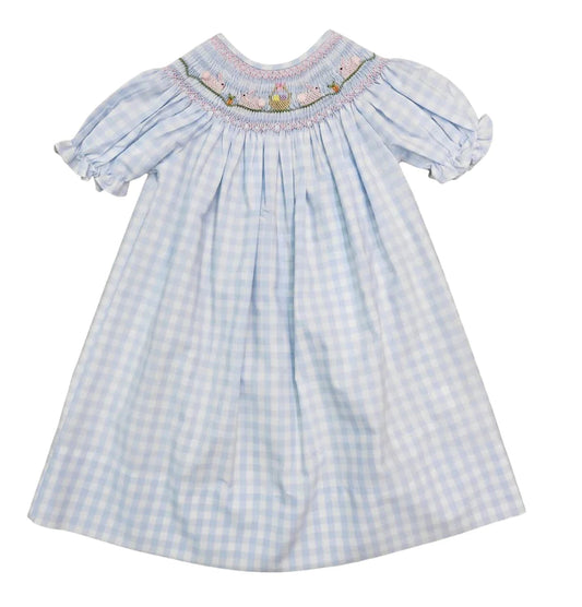 Blue Gingham Bunny & Basket Smocked Dress