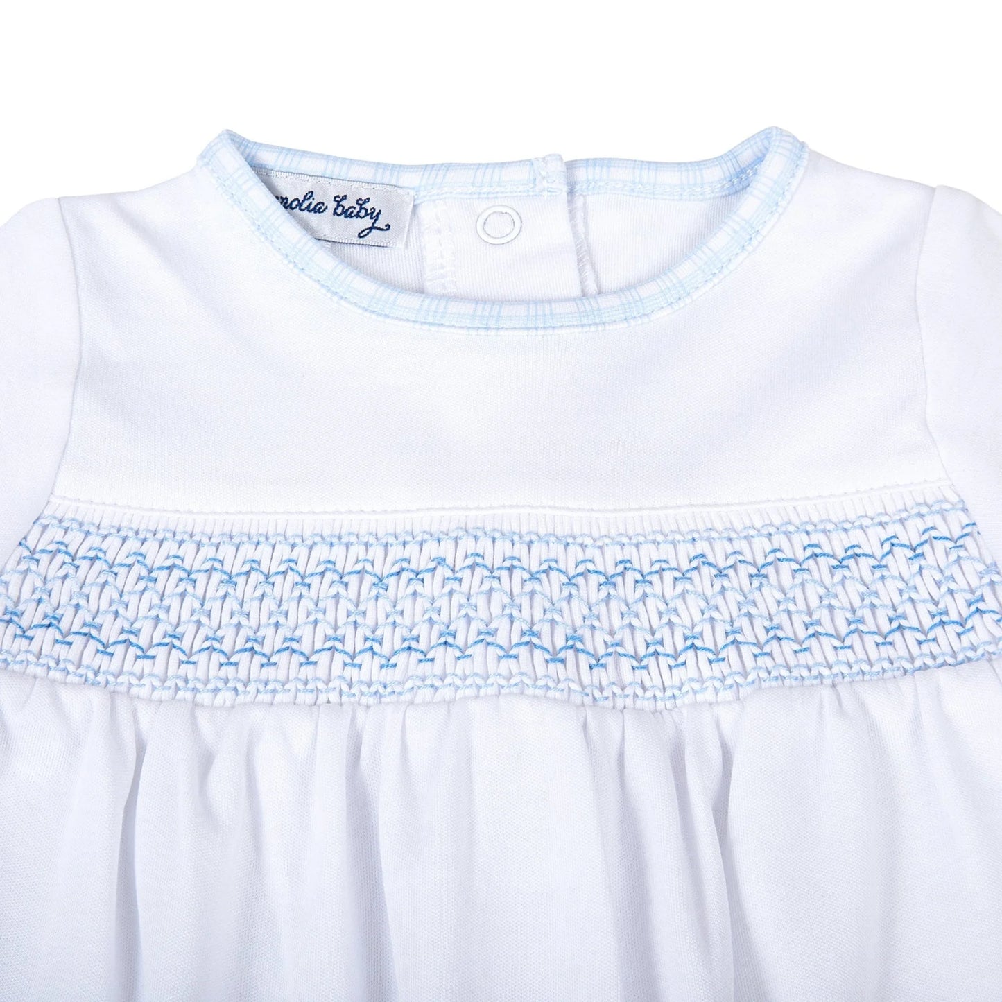 New Beginnings Blue Smocked White Footie