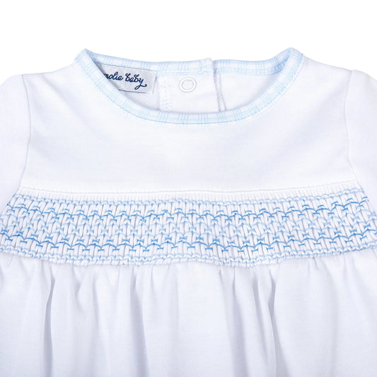 New Beginnings Blue Smocked White Footie