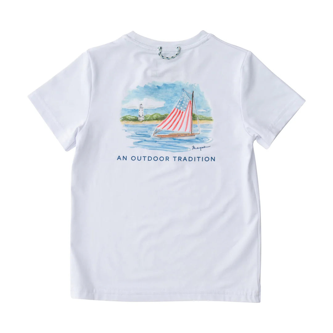 KIDS PRO PERFORMANCE SHORT SLEEVE FISHING T-SHIRT IN BRIGHT WHITE AMERICAN FLAG