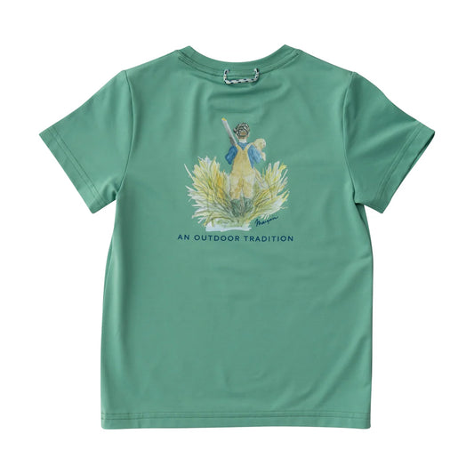 KIDS PRO PERFORMANCE SHORT SLEEVE FISHING T-SHIRT IN GREEN SPRUCE BOY AND HIS LAB PUPPY