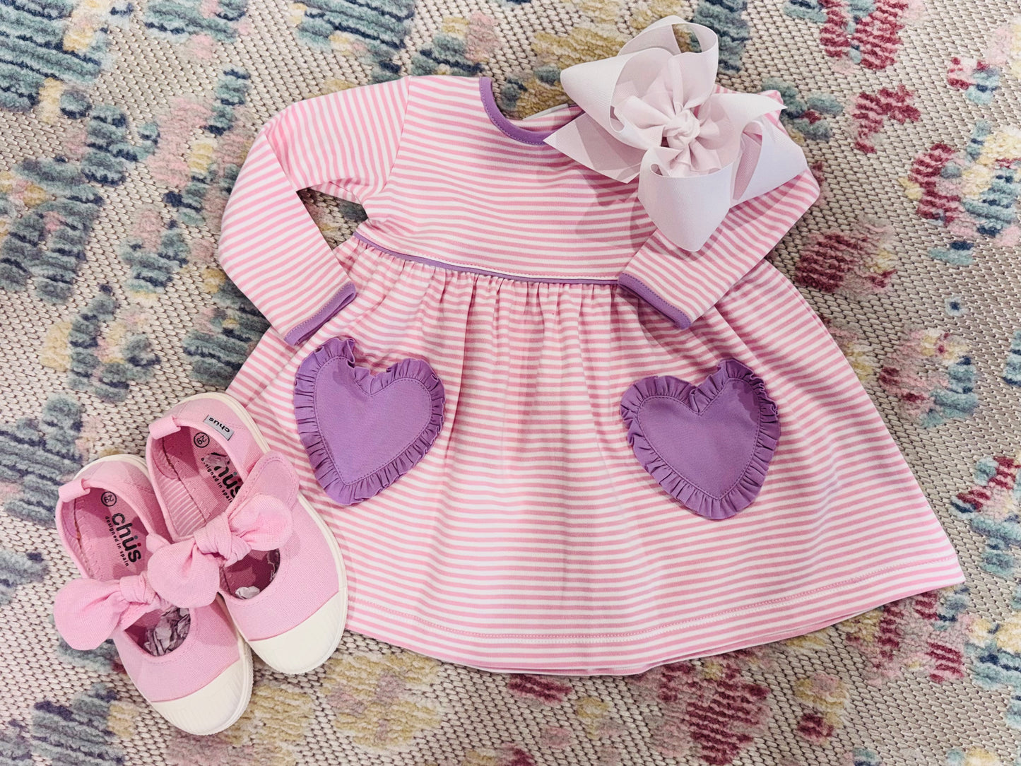 Squiggles Pink Stripe with Lavender Heart Dress