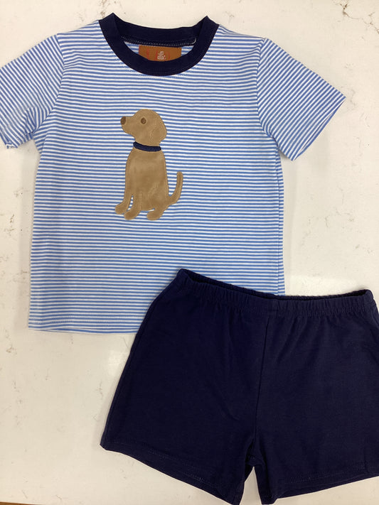 Blue Stripe Puppy Appliqué Short Set