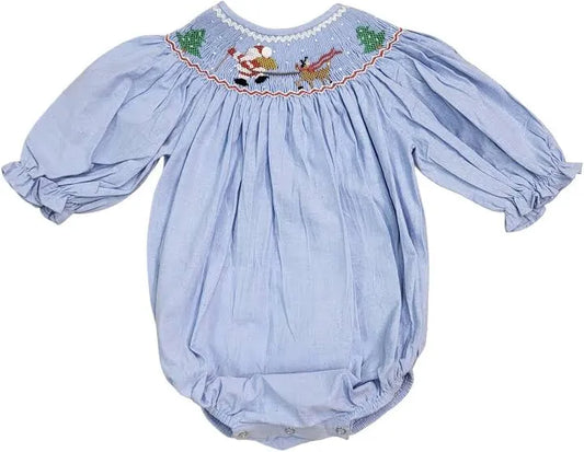 SD Santa Coming Blue Smocked Bubble Girl