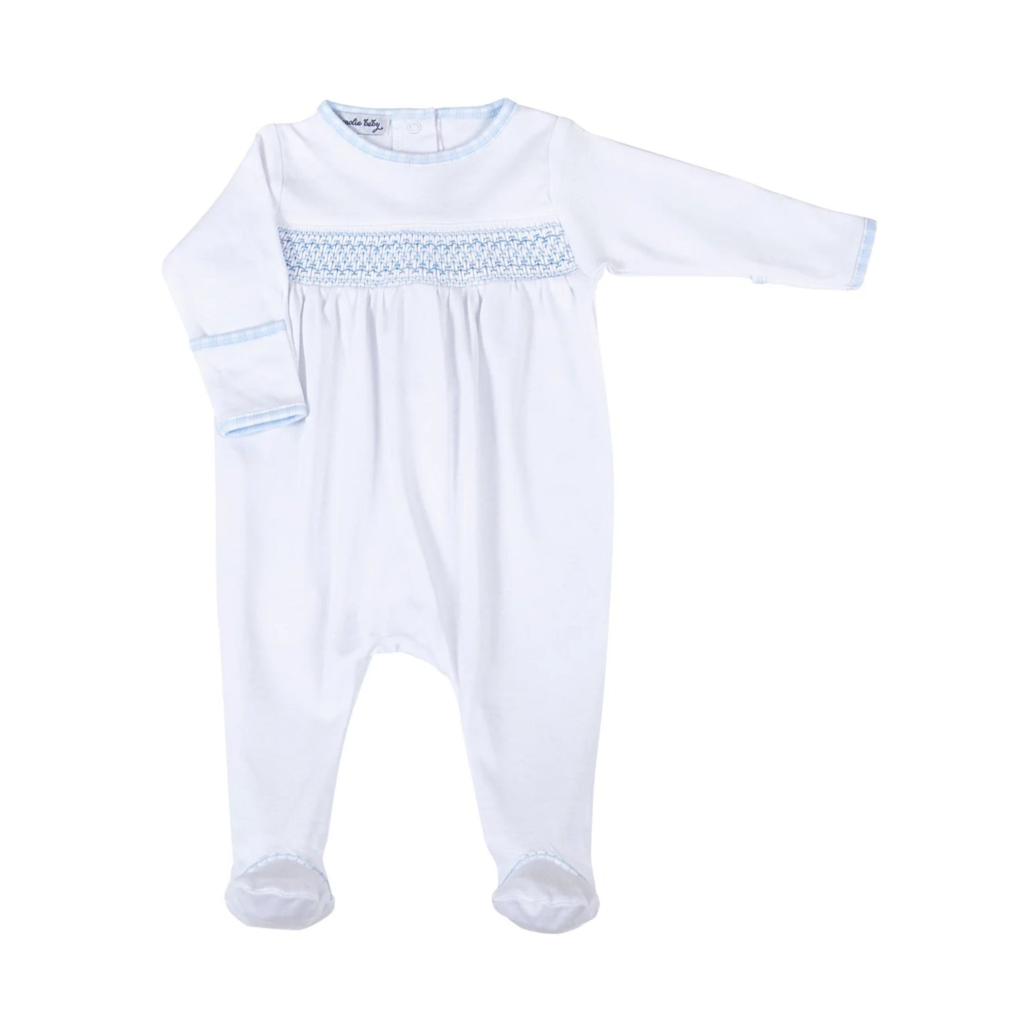 New Beginnings Blue Smocked White Footie