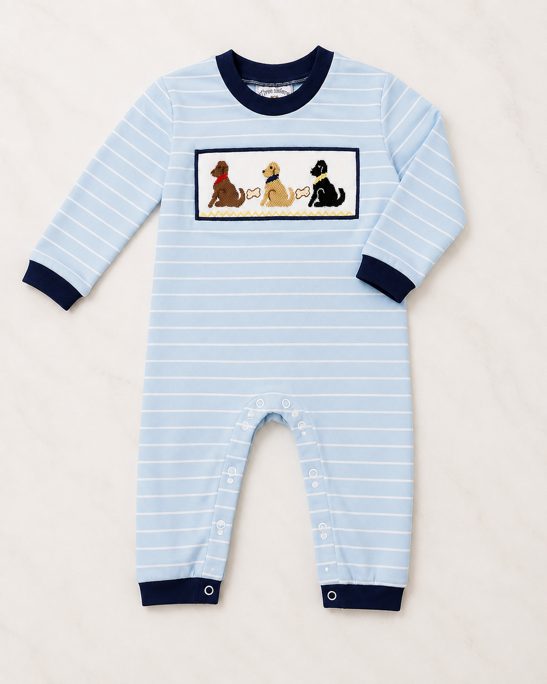 Dog Trio Smocked Romper Blue