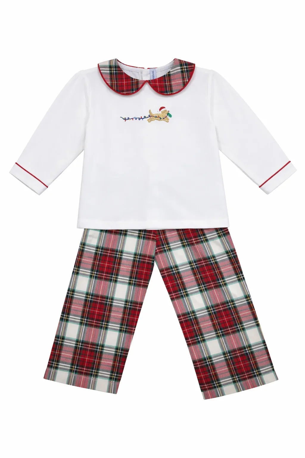 Dog & Christmas Lights Embroidered Plaid Boy Pant Set