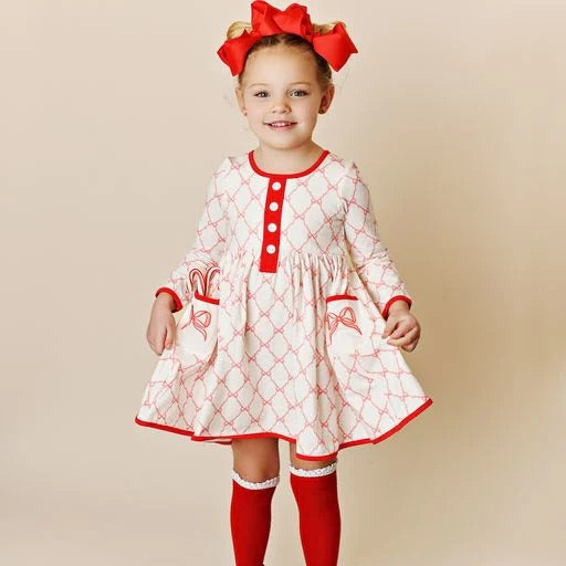 Ribbon Bow Lattice Embroidery Pocket Dress