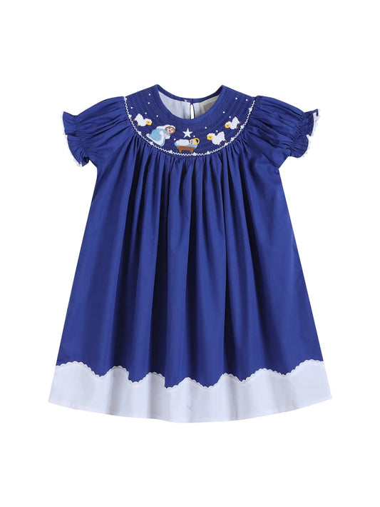 Royal Blue Christmas Nativity Smocked Bishop Dress