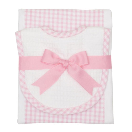 Pink Check Drooler Bib & Burp Set