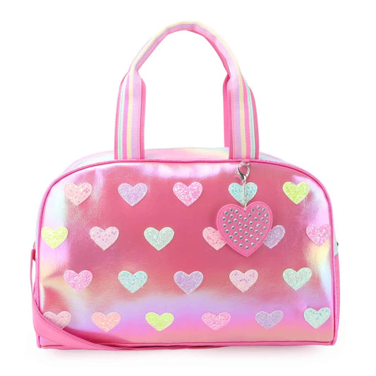 Metallic Heart Printed Pink Large Duffle Bag