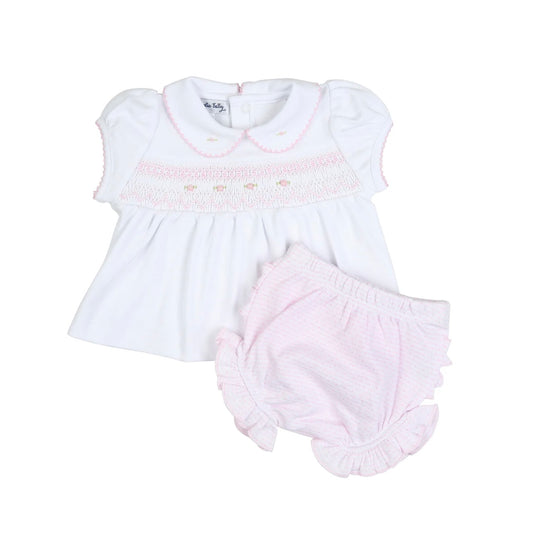 Delaney and Dillon Pink Smocked Collared Ruffle S/S Diaper Cover