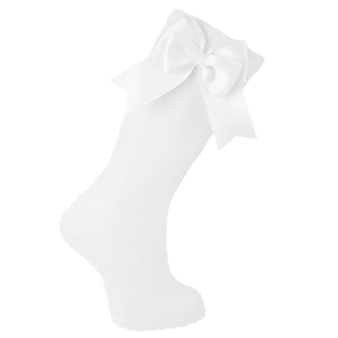 Cotton Knee Socks with Double Bow- White