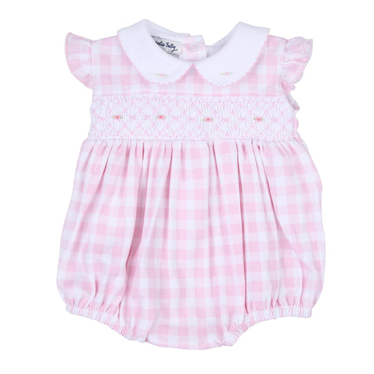 Baby Checks Pink Smocked a collared Flutter Bubble