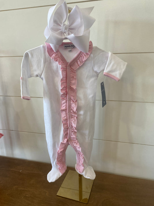 White Ruffle with Pink Trim Footie